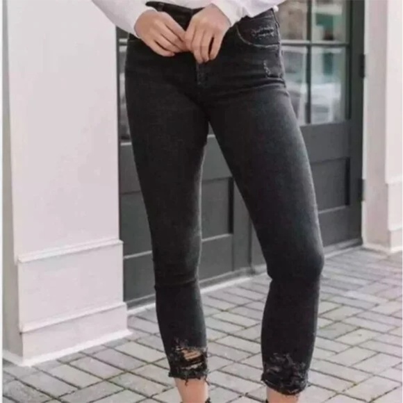 AGOLDE | High Waist 'Feel Good' Distressed Raw Hem Skinny Jeans Black | Size 29 - Picture 1 of 10